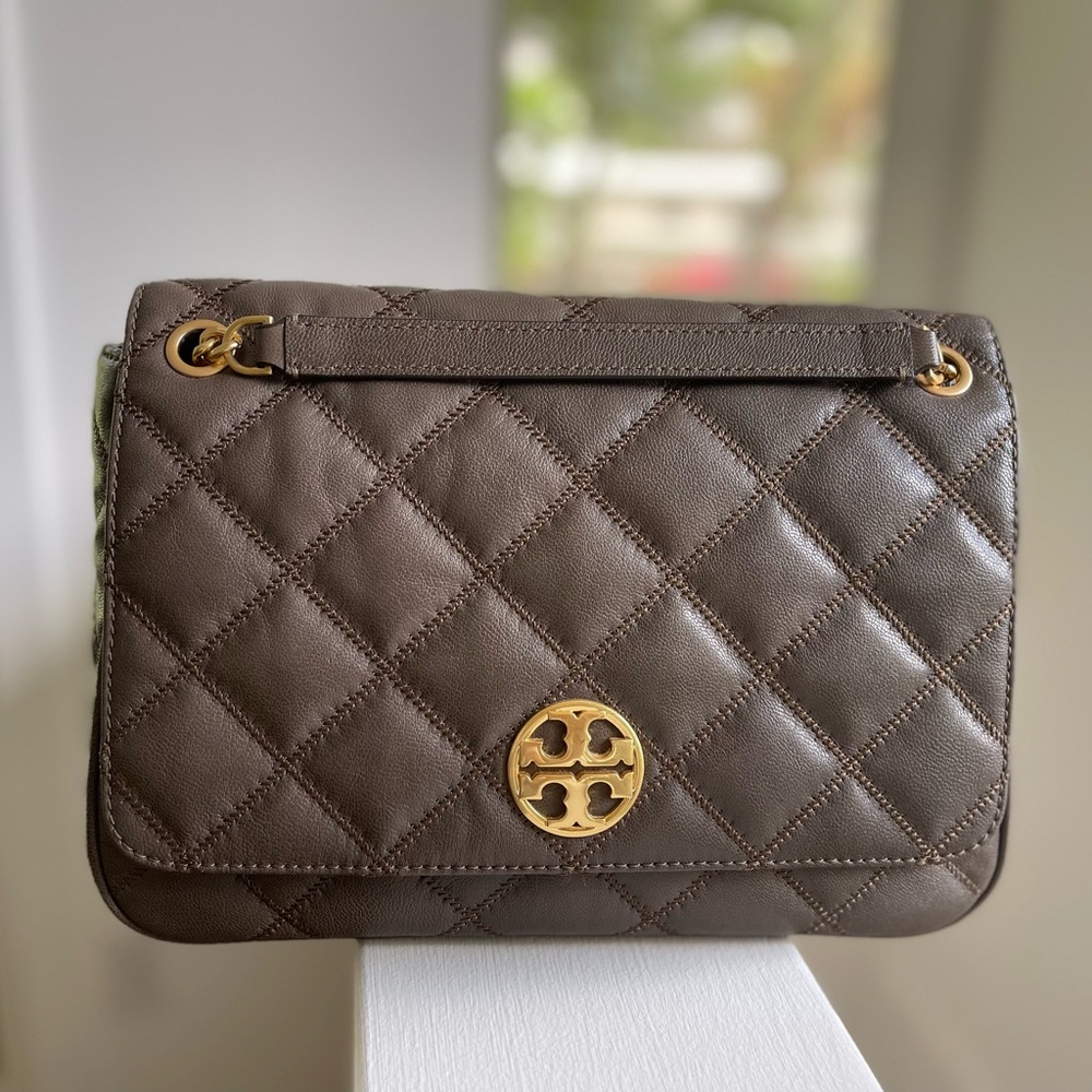 Tory Burch Willa Grey Quilted Leather Shoulder/Crossbody Bag
